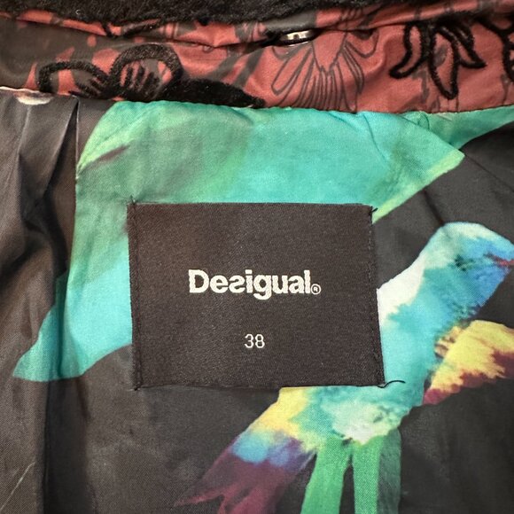 Desigual Flocked Velvet Puffer Jacket 38 Black and Burgandy / Small to Medium - Picture 9 of 10